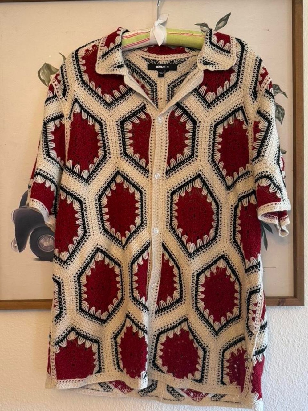 Woman Crochet‎ Button-Down Shirt - Red & Cream
